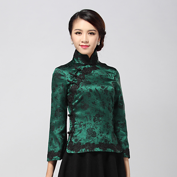 Prodigious Brocade Qipao Cheongsam Blouse - Green - Chinese Shirts ...