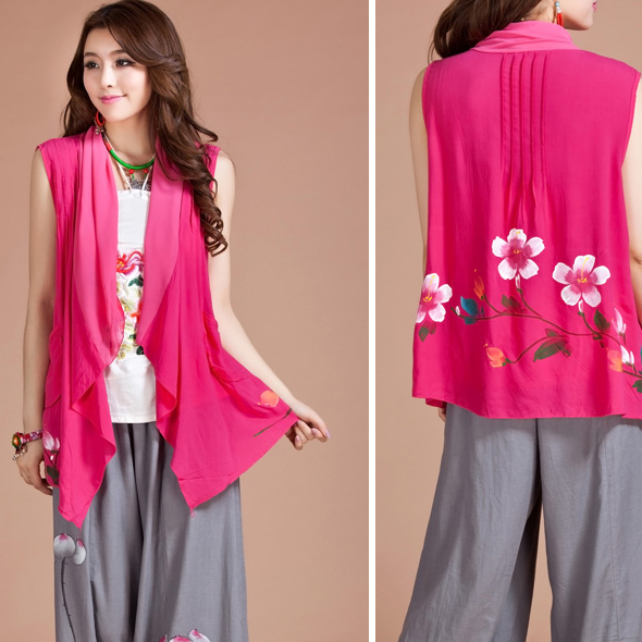 Attractive Mandarin Style Wrap Blouse With Pocket - Pink - Chinese ...