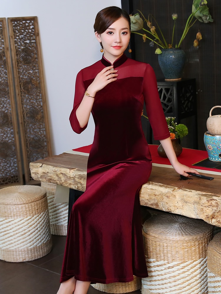 Pretty Velvet Cheongsam Qipao Fishtail Dress - Claret - Qipao Cheongsam ...
