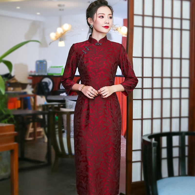 Attractive Claret Jacquard Qipao Cheongsam Chinese Dress - Qipao ...
