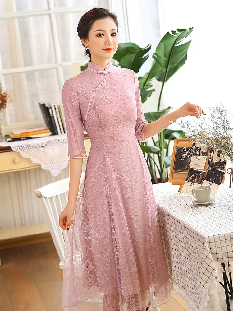 Amazing Pink Lace A-line Qipao Cheongsam Dress - Qipao Cheongsam ...