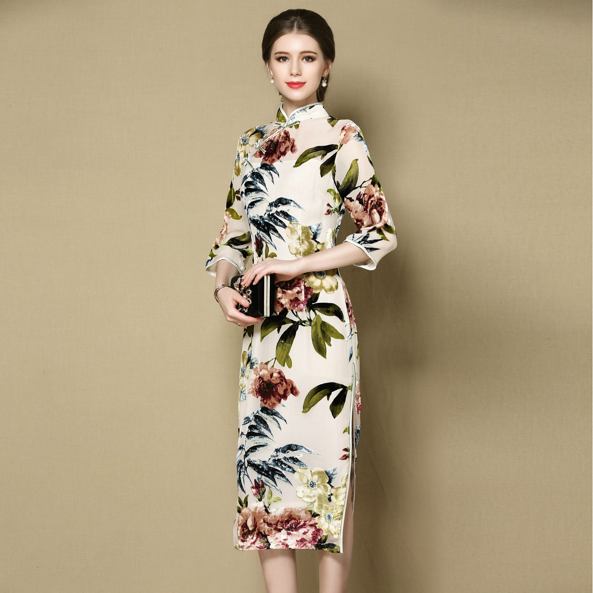Winsome Floral Print Mid-calf Cheongsam Qipao Dress - Qipao Cheongsam ...