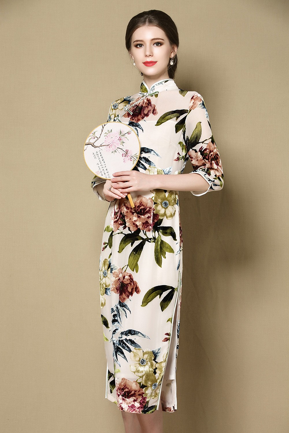 Winsome Floral Print Mid-calf Cheongsam Qipao Dress - Qipao Cheongsam ...