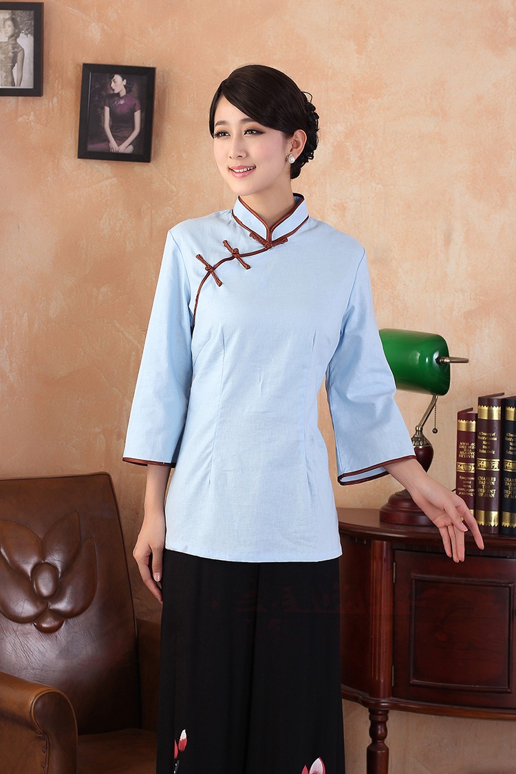 Traditional Cheongsam Style Flax Blouse - Blue - Chinese Shirts ...