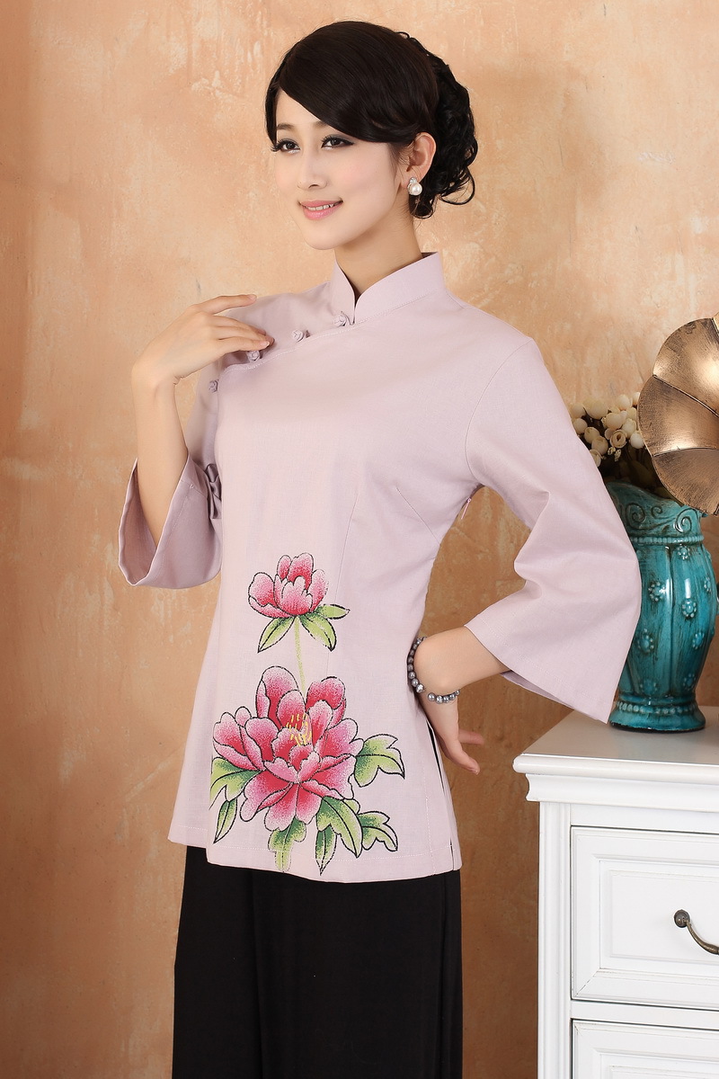 Peony Flowers Print Cheongsam Style Blouse - Pink - Chinese Shirts ...