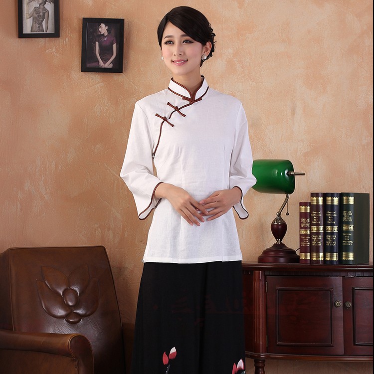 Traditional Cheongsam Style Flax Blouse - White - Chinese Shirts ...