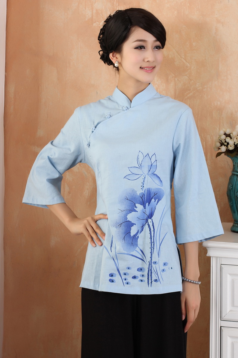 Lotus Flowers Print Cheongsam Style Blouse - Blue - Chinese Shirts ...