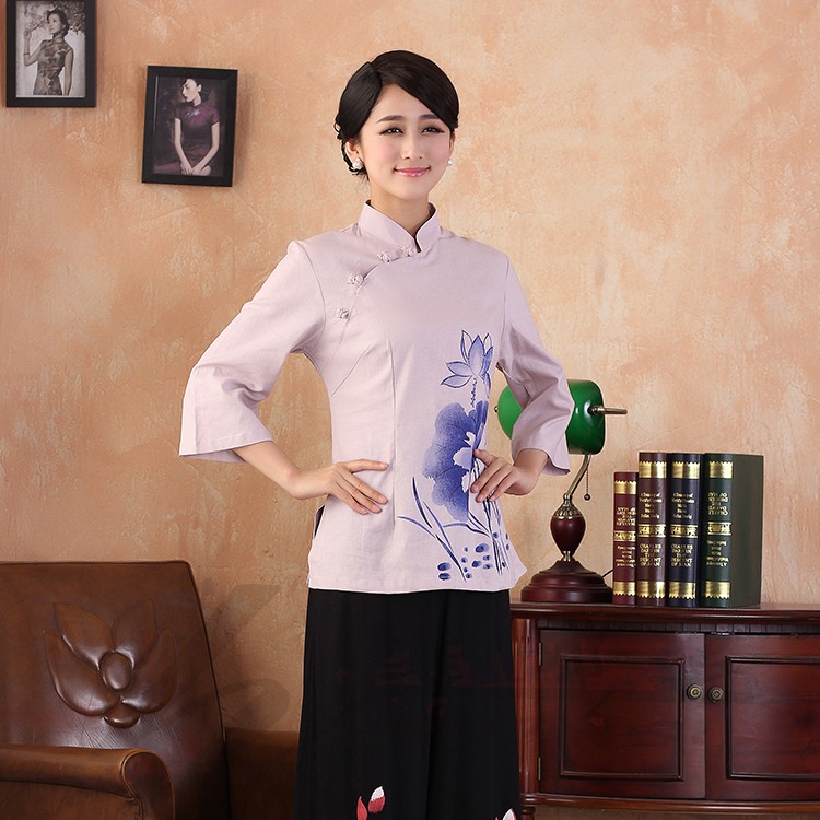 Lotus Flowers Print Cheongsam Style Blouse - Pink - Chinese Shirts ...