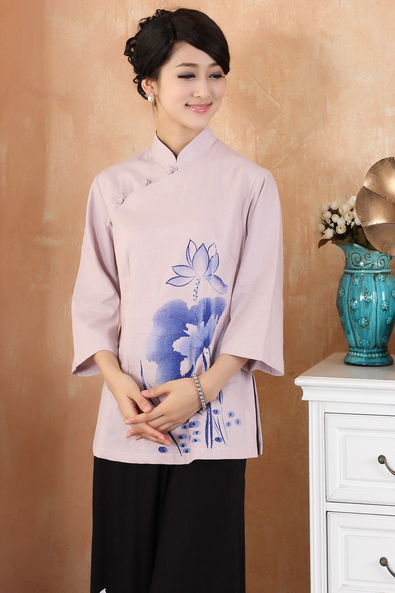 Lotus Flowers Print Cheongsam Style Blouse - Pink - Chinese Shirts ...