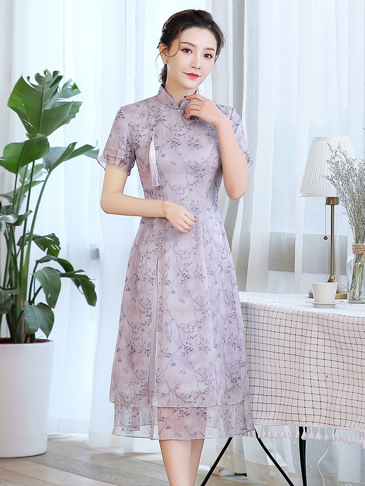 Light Purple Print Chiffon Ao Dai Cheongsam Qipao Dress - Qipao ...