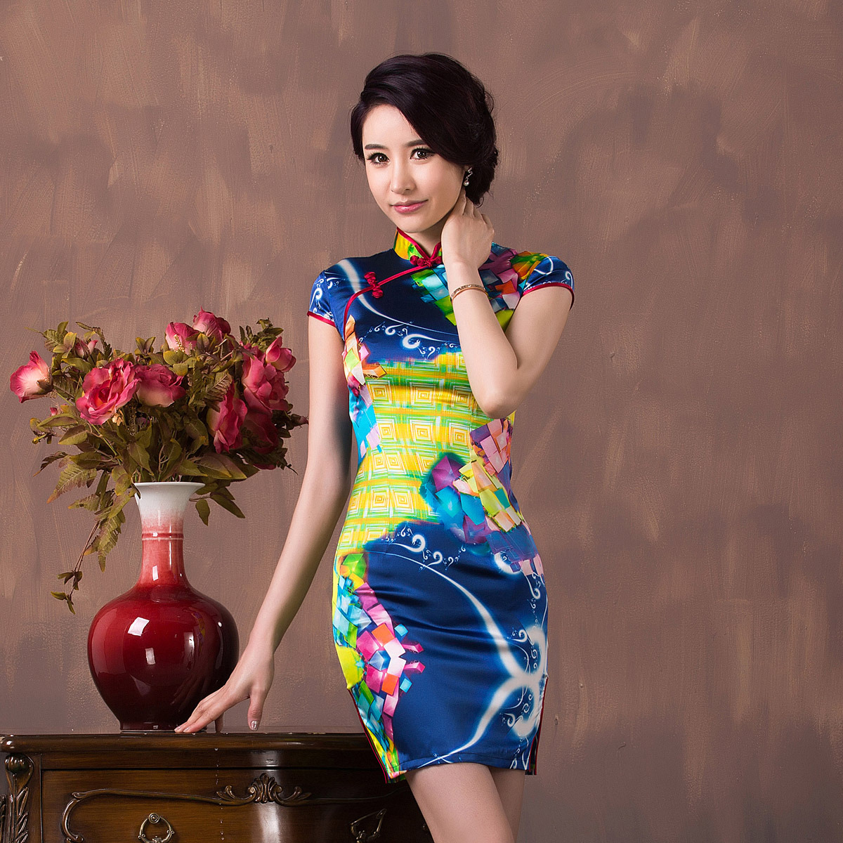 Fascinating Print Silk Short Qipao Cheongsam Dress - Qipao Cheongsam ...