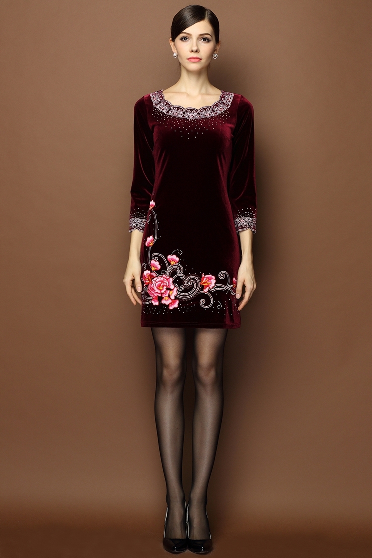 Tremendous Embroidery Velvet Mandarin Style Dress - Claret - Qipao ...