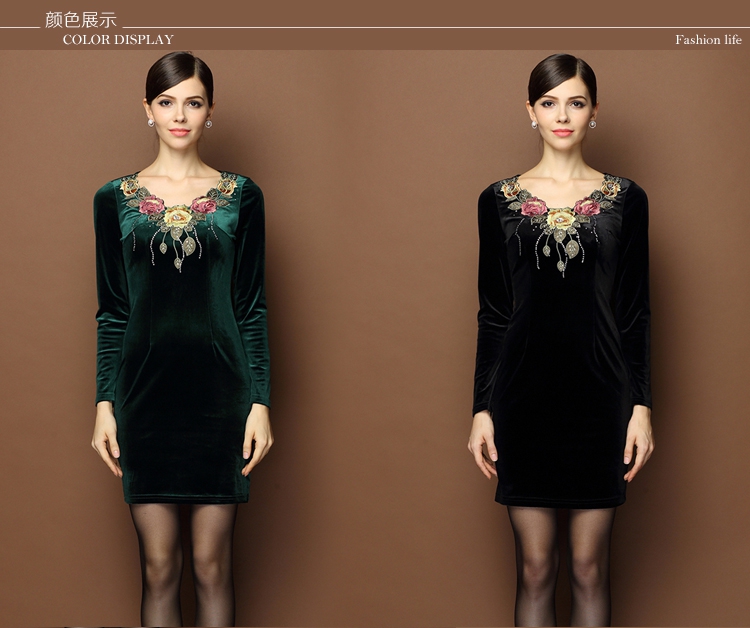 Noble Flowers Embroidery Velvet V Neck Dress - Green - Qipao Cheongsam ...