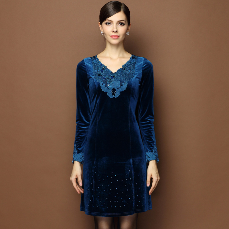 Graceful V Neck Velvet Mandarin Style Dress - Dark Blue - Qipao ...