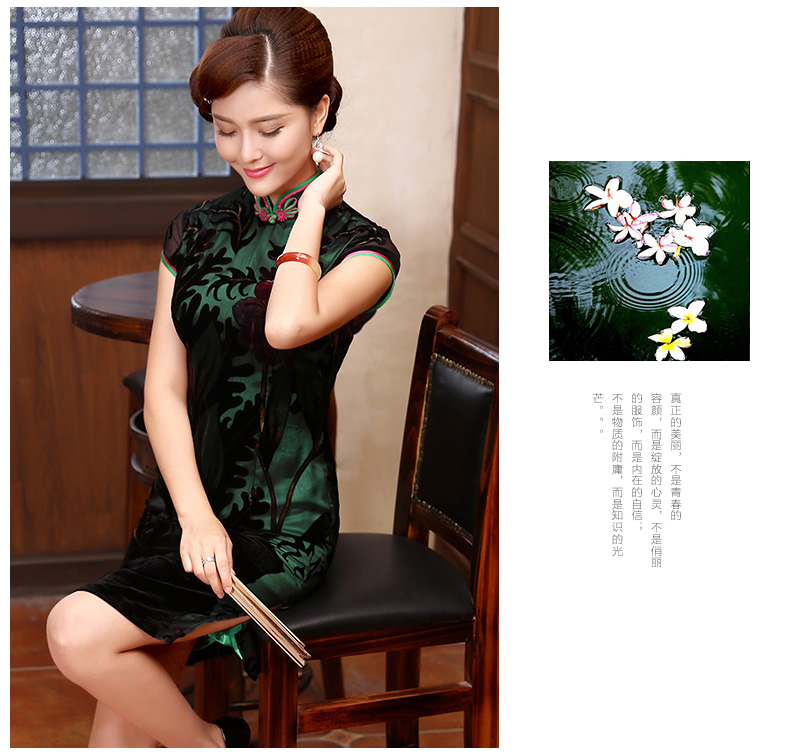 Marvelous Flocked Velvet Short Cheongsam Qipao Dress - Qipao Cheongsam ...