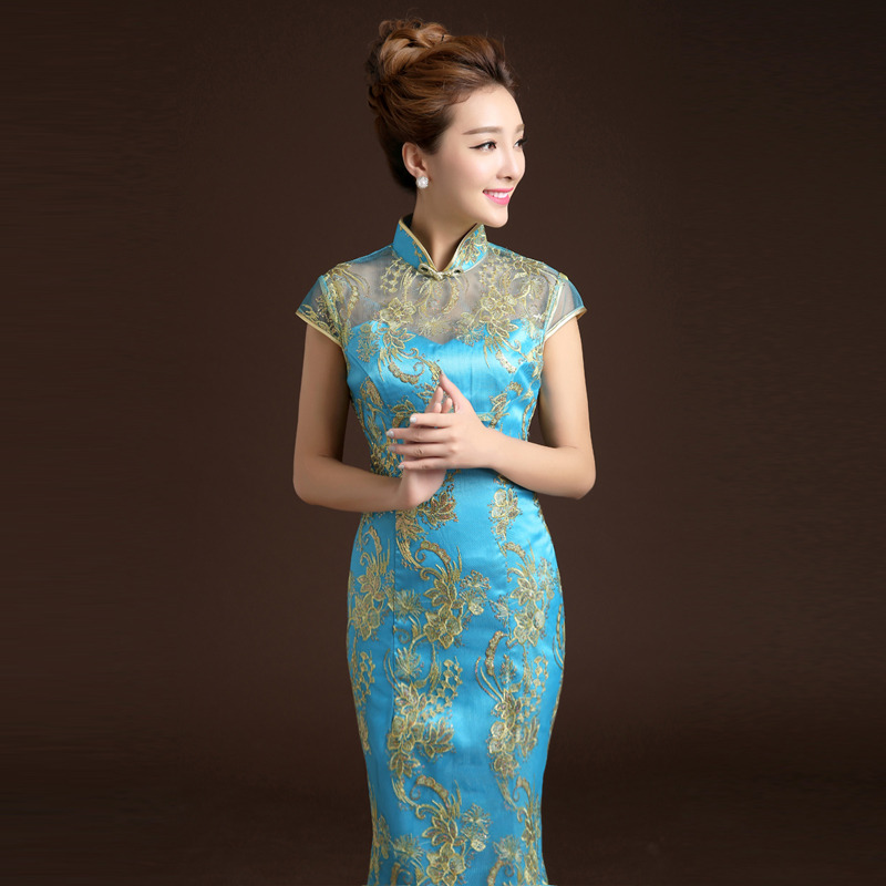 Exceptional Embroidery Qipao Cheongsam Fishtail Dress - Blue - Qipao ...