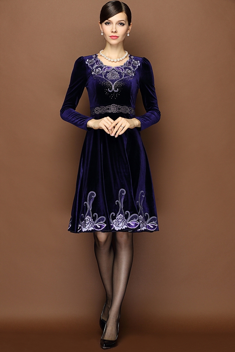 Impressive Embroidery Blue Velvet Mandarin Style Dress - Qipao ...