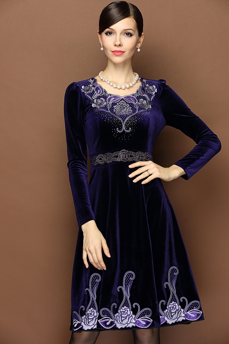 Impressive Embroidery Blue Velvet Mandarin Style Dress - Qipao ...