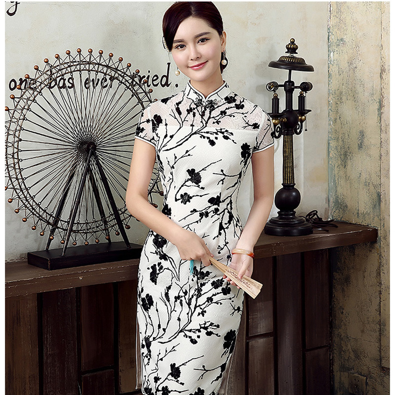 Lovable Flocked Velvet Black Flowers Qipao Cheongsam Dress - Qipao ...