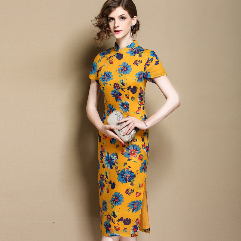 Attractive Floral Print Ramie Qipao Cheongsam Dress - Qipao Cheongsam ...