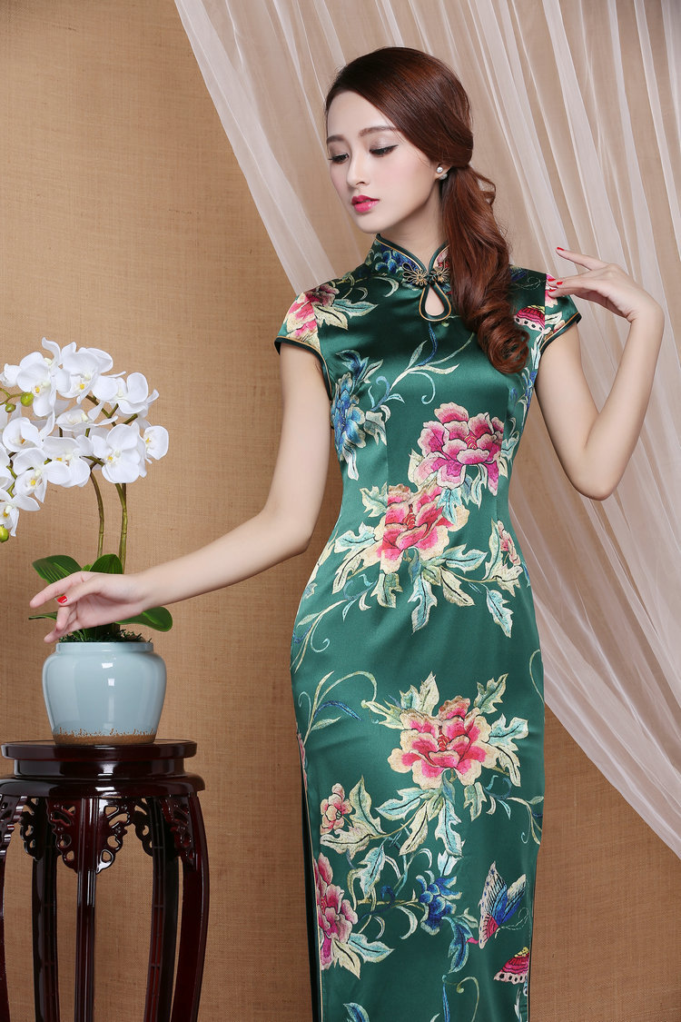 Spectacular Peony Flowers Mid-calf Qipao Cheongsam Dress - Green ...