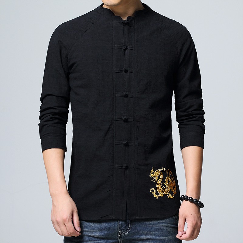 Delightful Golden Dragon Embroidery Chinese Shirt - Black - Chinese ...