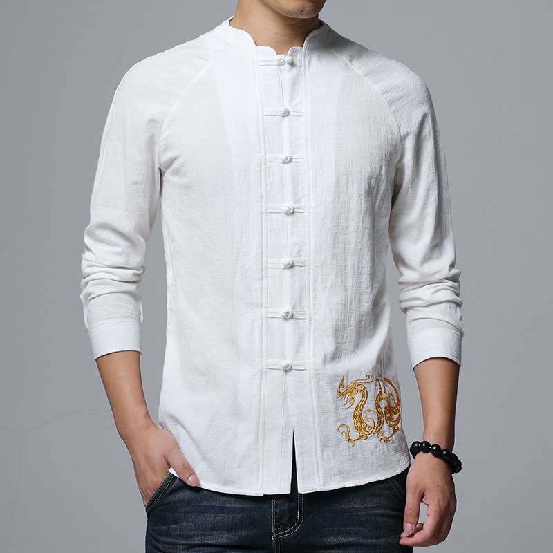 Delightful Golden Dragon Embroidery Chinese Shirt - White - Chinese ...
