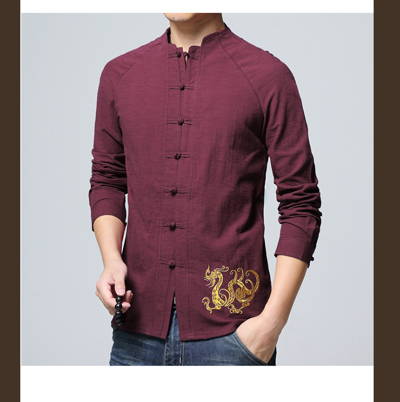 Delightful Golden Dragon Embroidery Chinese Shirt - Claret - Chinese ...