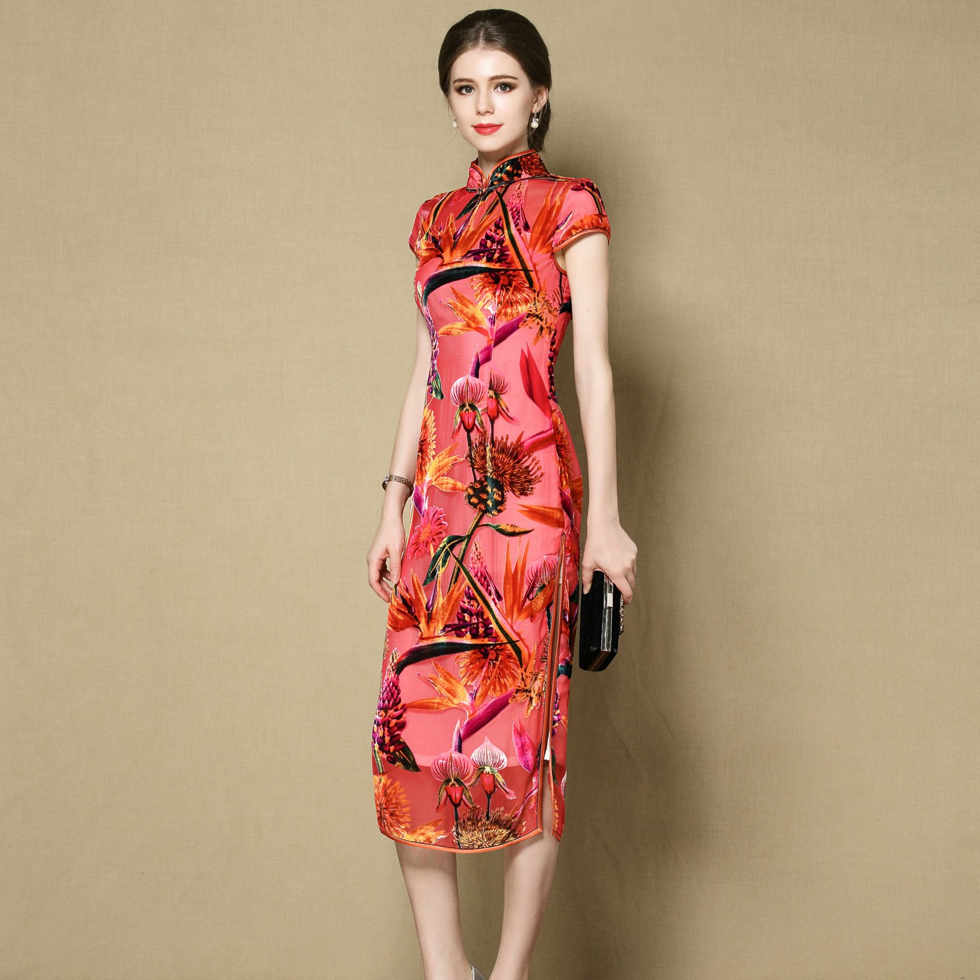 Ravishing Flocked Silk Cheongsam Qipao Dress - Orange - Qipao Cheongsam ...