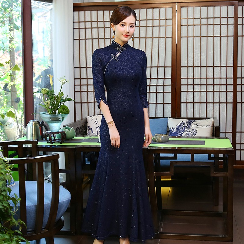 Gorgeous Velvet Cheongsam Qipao Fishtail Dress - Blue - Qipao Cheongsam ...