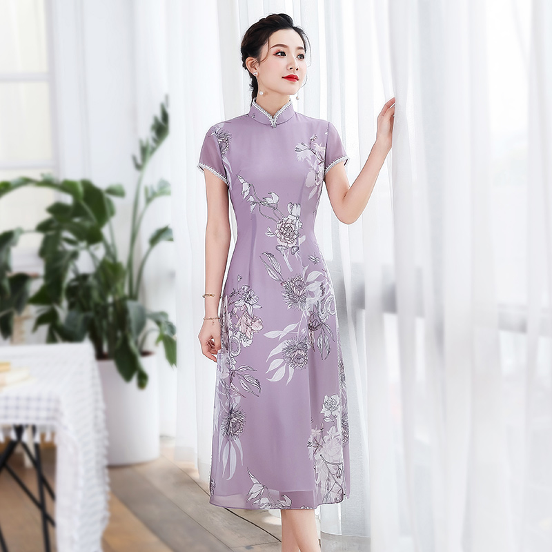 Floral Print Chiffon Qipao Cheongsam Dress - Light Purple - Qipao ...