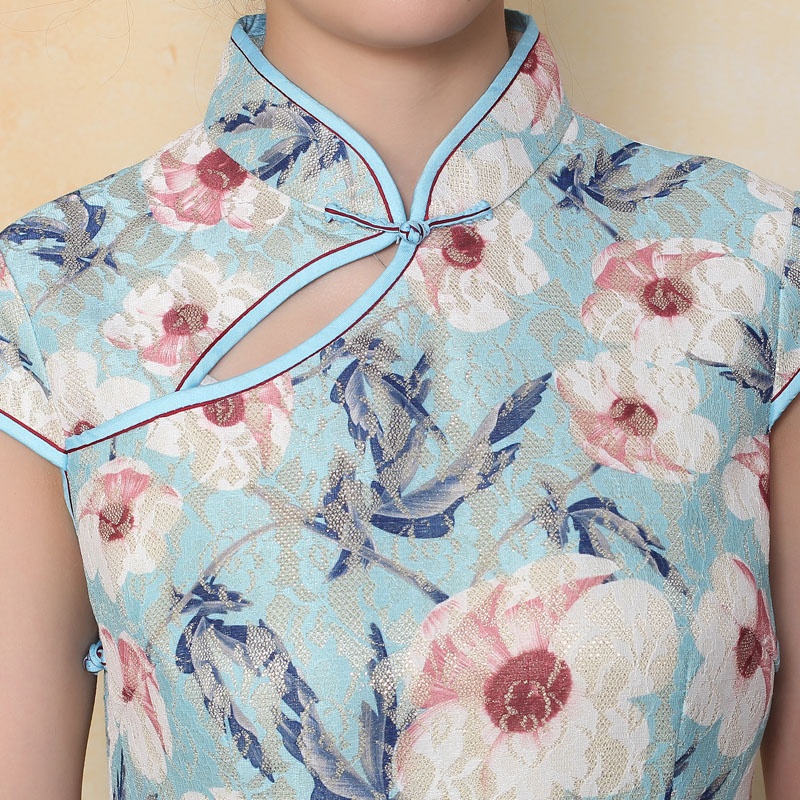 Enchanting Lace Frog Button Qipao Cheongsam Shirt - Blue - Chinese ...