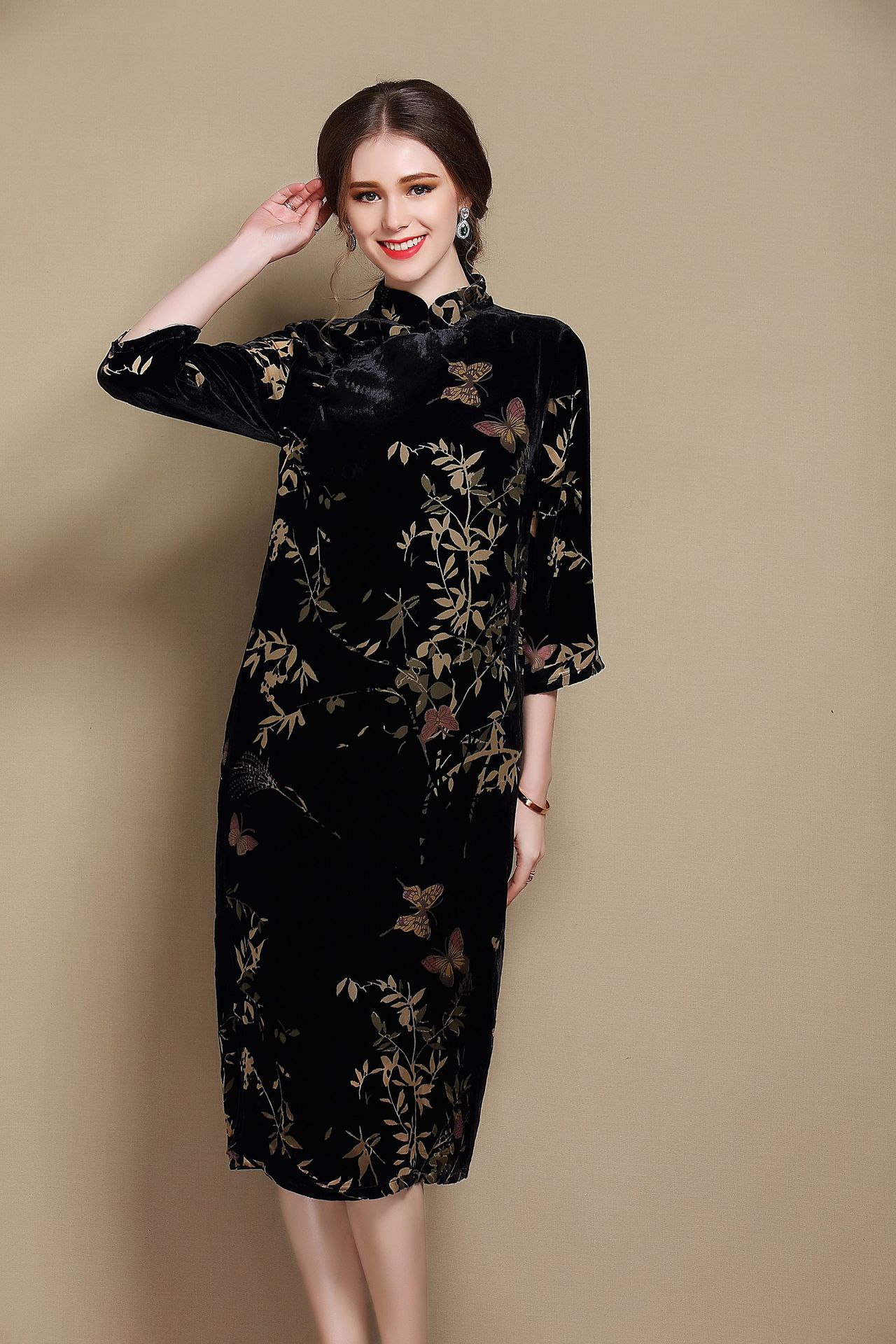 Amazing Butterflies Flocked Velvet Qipao Cheongsam Dress - Qipao ...