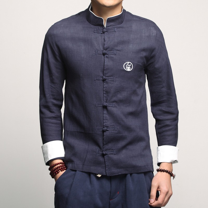 Handsome Linen Frog Button Chinese Shirt - Dark Blue - Chinese Shirts ...