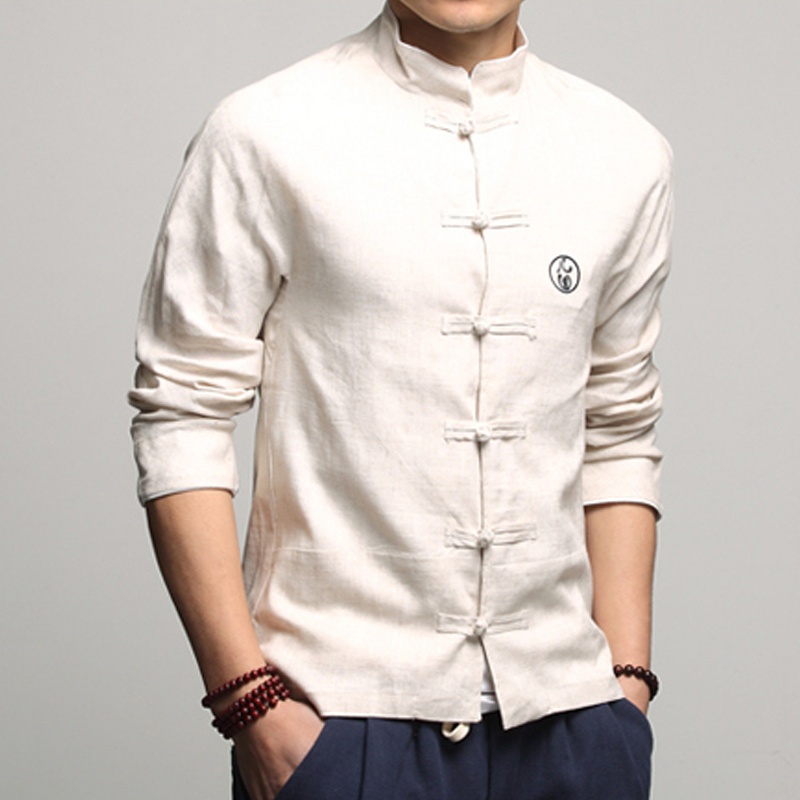 Handsome Linen Frog Button Chinese Shirt - Beige - Chinese Shirts ...