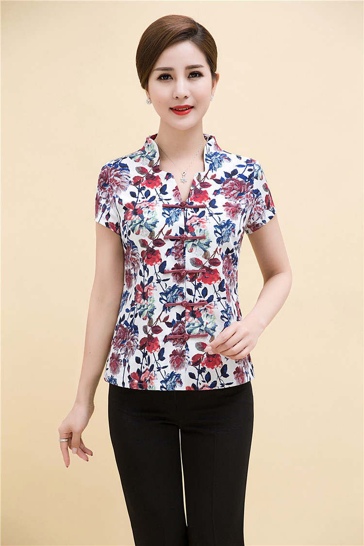 Pretty Floral Print Open Neck Frog Button Shirt - E - Chinese Shirts ...