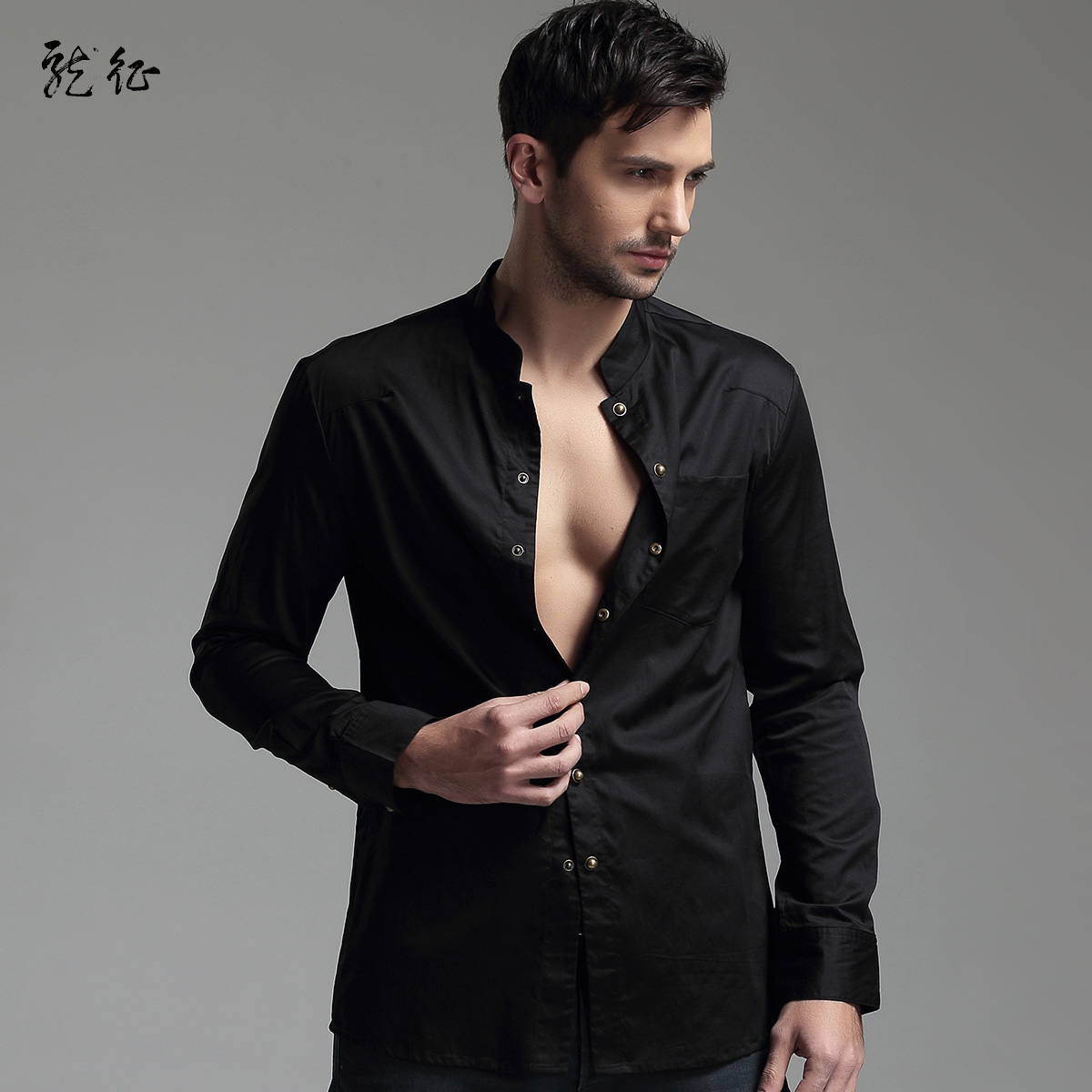 Modern Mandarin Collar Snap Button Shirt - Black - Chinese Shirts ...