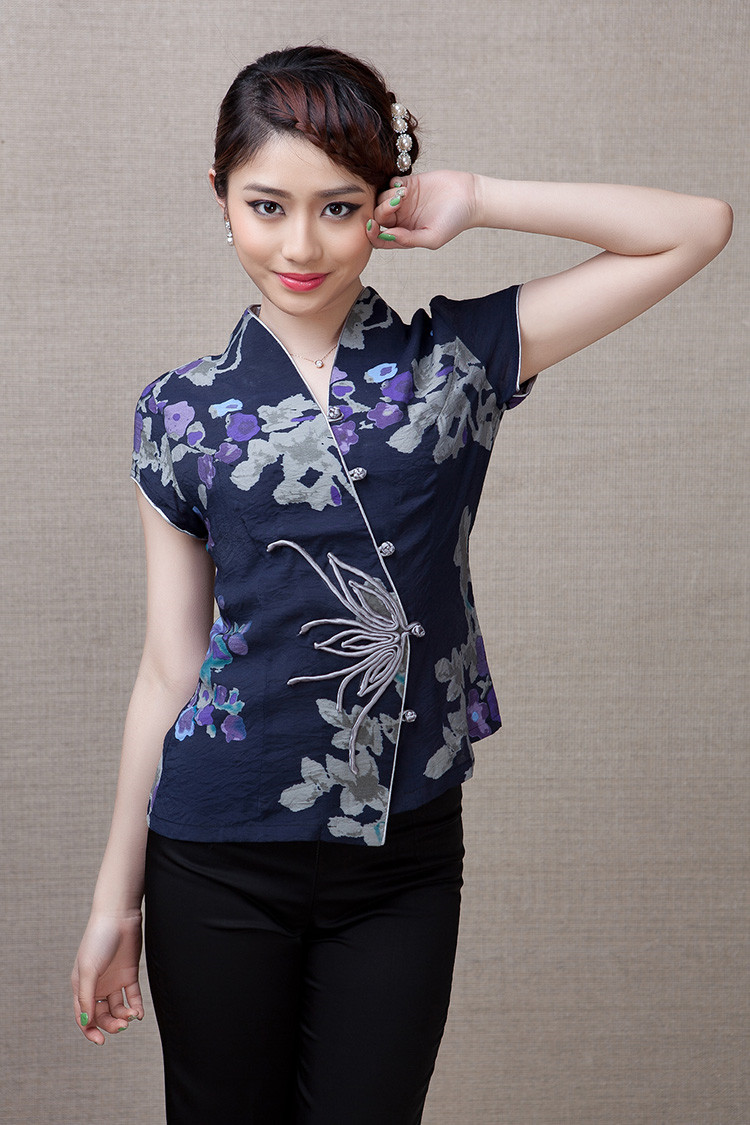 Elegant Frog Button Open Neck Chinese Shirt - Blue - Chinese Shirts ...