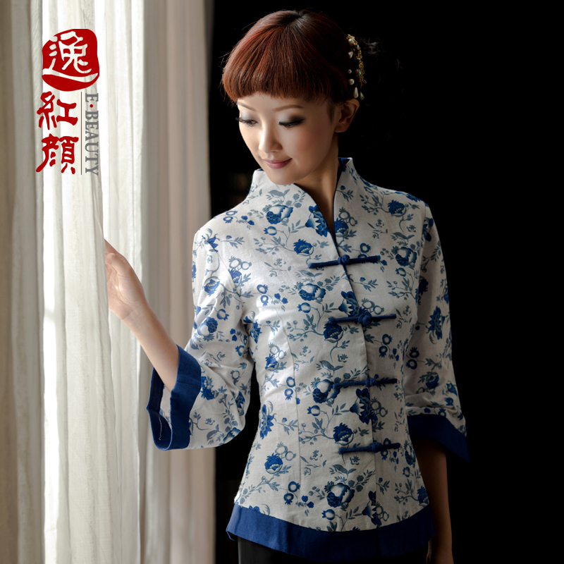 Blue Flowers White Open Neck Jacket - Chinese Jackets & Coats - Women
