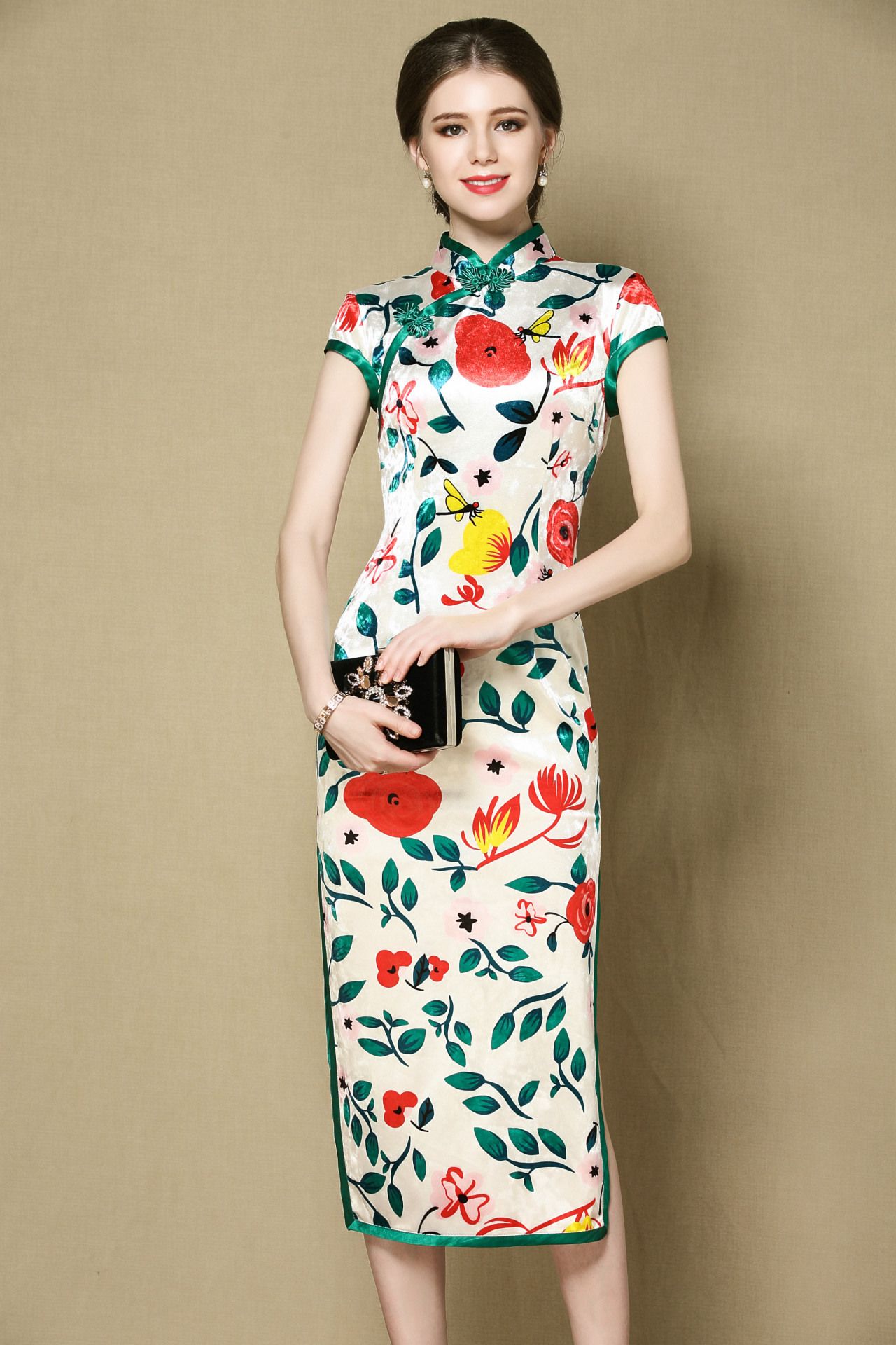 Beautiful Flower Print Velvet Qipao Cheongsam Dress - Qipao Cheongsam ...