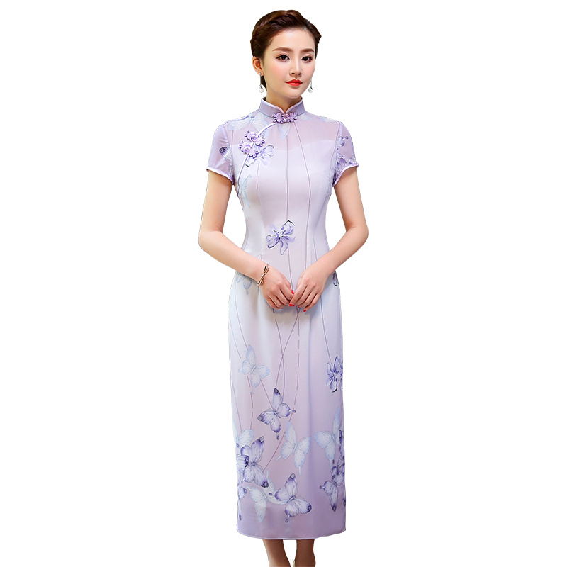 Happy Purple Butterflies Long Qipao Cheongsam Dress - Qipao Cheongsam ...
