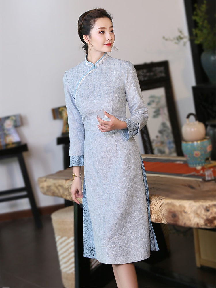 Elegant Light Blue Plaid Qipao Cheongsam Dress - Qipao Cheongsam ...