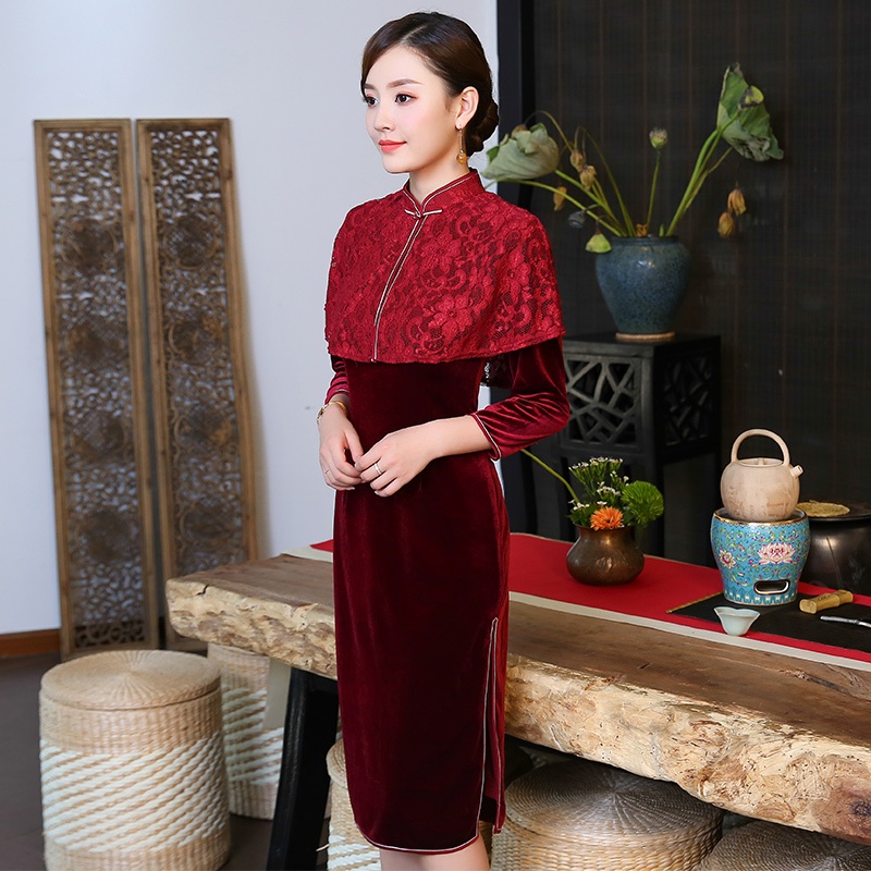 Charming Claret Velvet Qipao Cheongsam Chinese Dress - Qipao Cheongsam ...