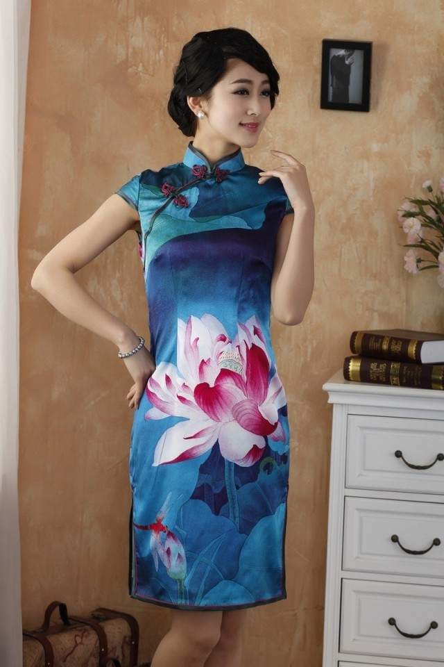 Resplendent Peony Flowers Print Silk Cheongsam Dress - Qipao Cheongsam ...