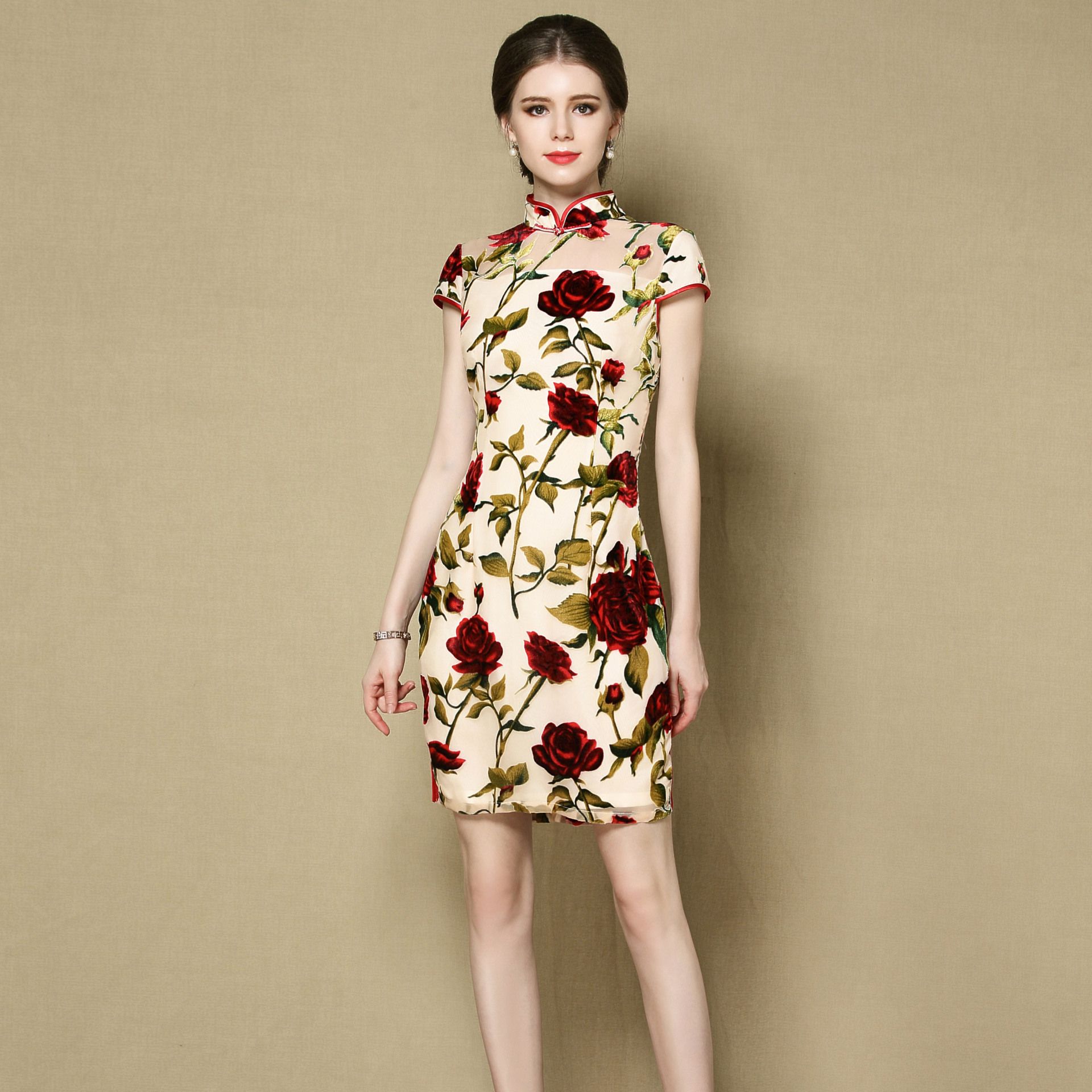 Rose Flowers Flocked Velvet Qipao Cheongsam Dress - Red - Qipao ...