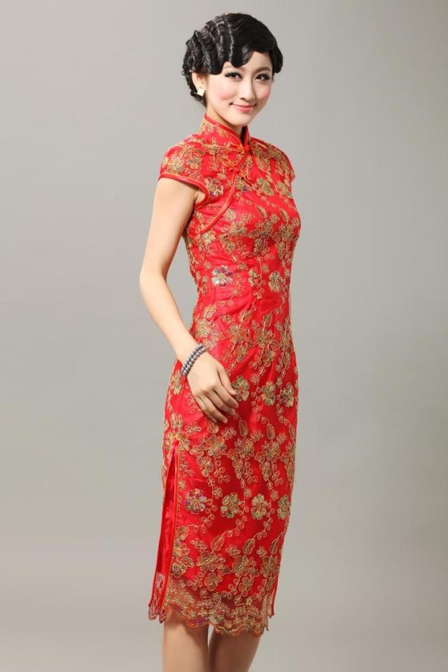 Enchanting Knee Length Traditional Cheongsam - Red - Qipao Cheongsam ...