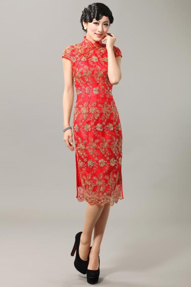 Enchanting Knee Length Traditional Cheongsam - Red - Qipao Cheongsam ...