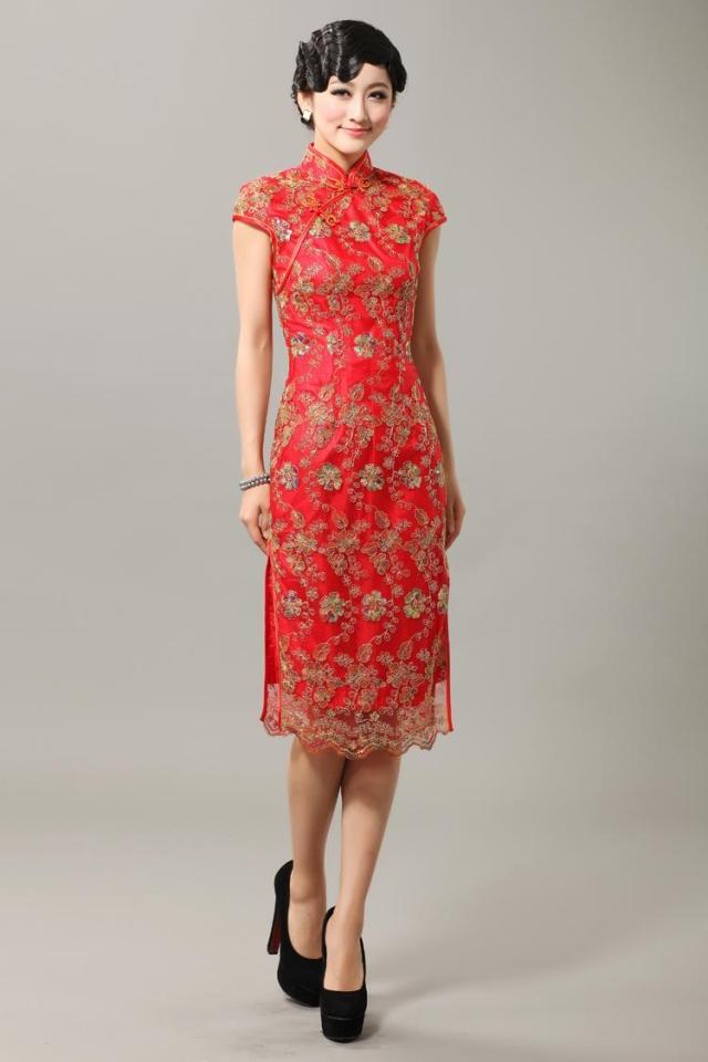 Enchanting Knee Length Traditional Cheongsam - Red - Qipao Cheongsam ...