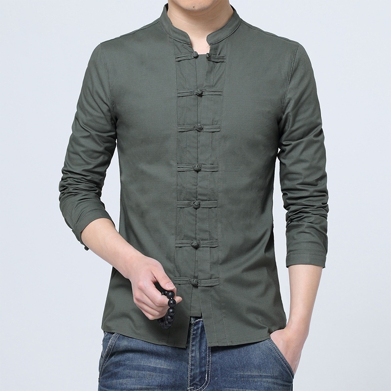 Excellent Stand-up Collar Frog Button Shirt - Green - Chinese Shirts ...