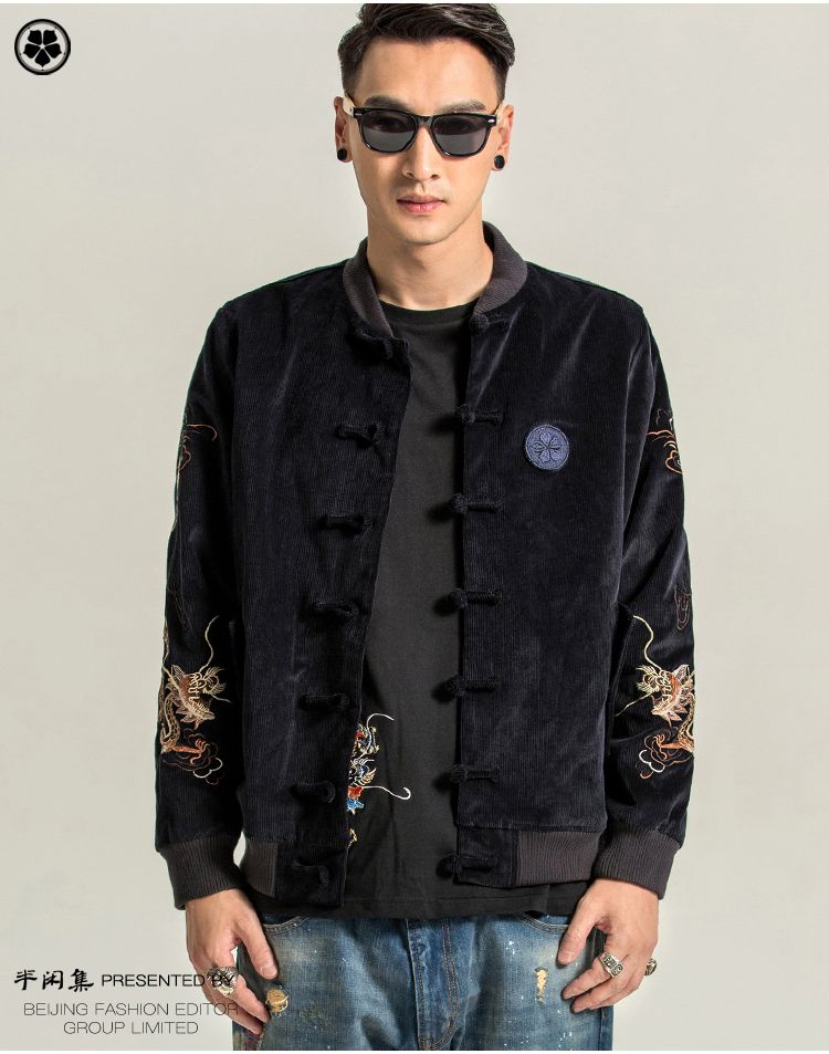 Dragon Embroidery On Sleeves Chinese Jacket - Dark Blue - Chinese ...